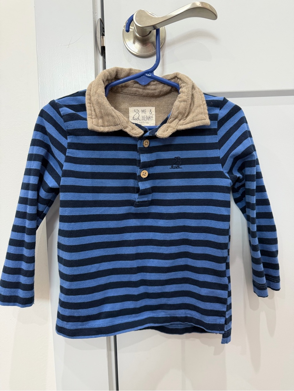 Striped Blue Long-Sleeve Polo Top with Tan Collar